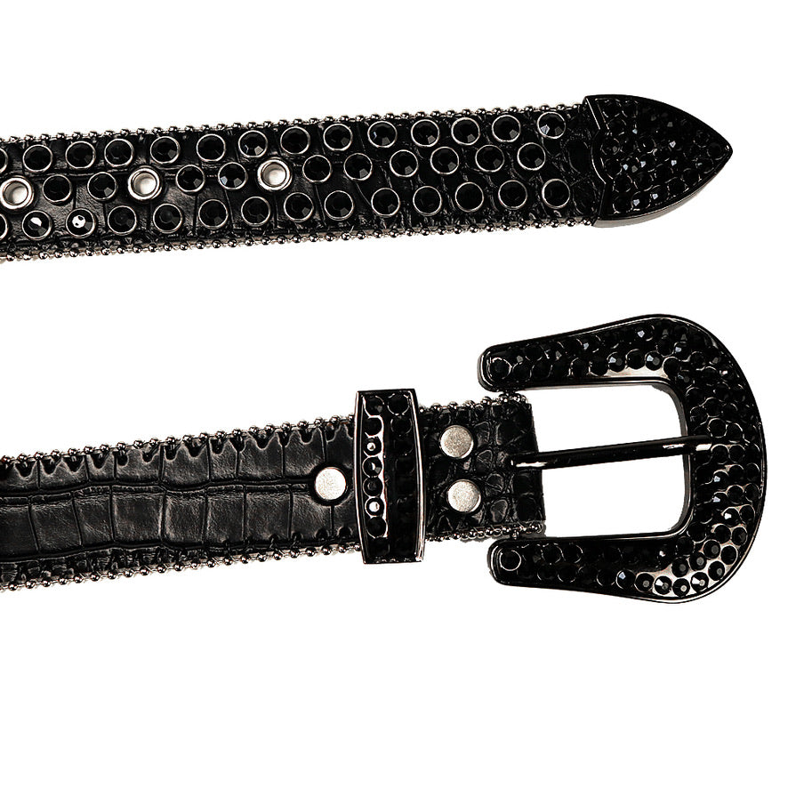 Mens Faux Leather Wide Black Belt with Rhinestone Buckle