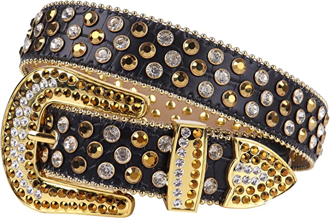 Mens Faux Leather Wide Black Belt with Rhinestone Buckle